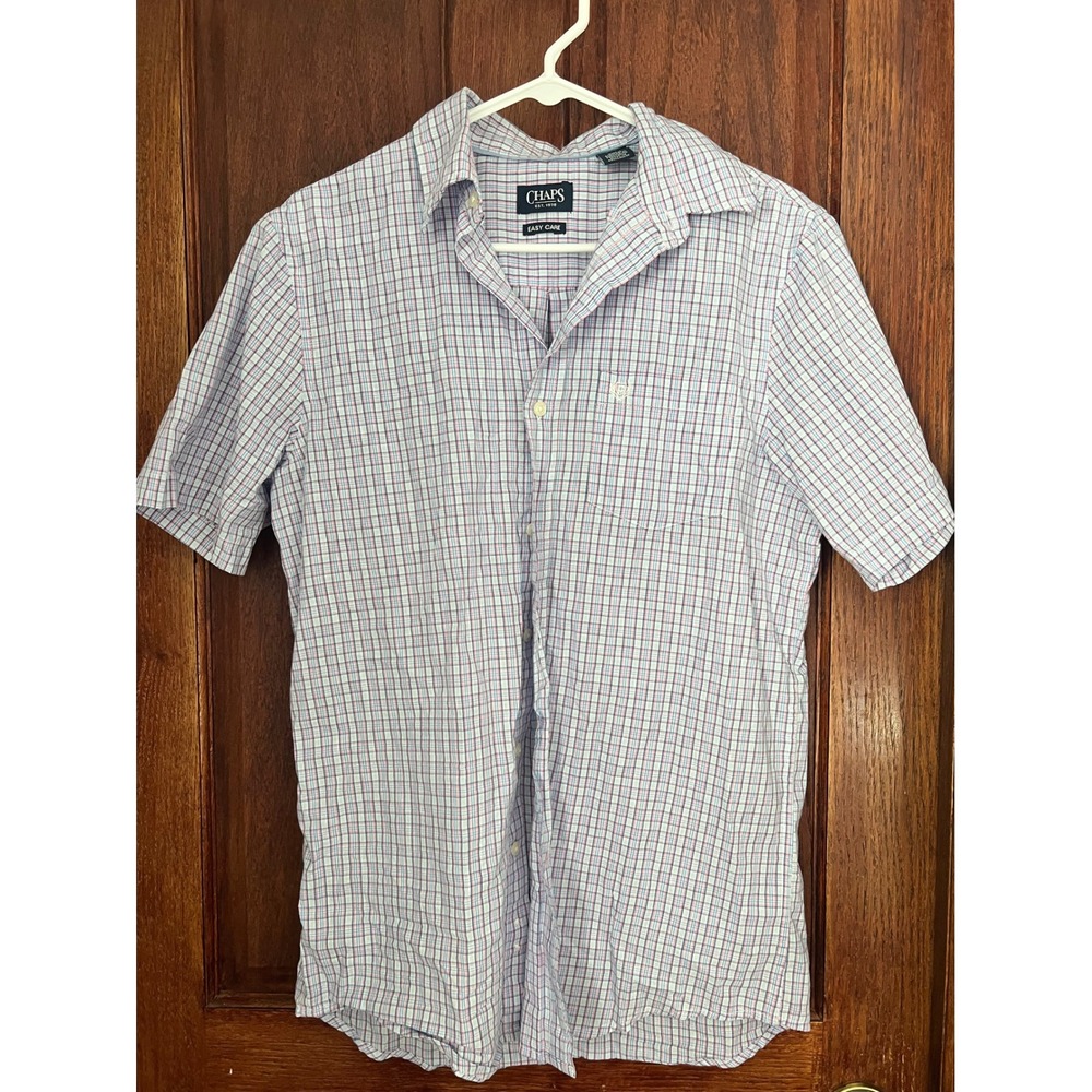 Chaps Mens Easy Care Short Sleeve Plaid Button Down Shirt Blue Pink Small